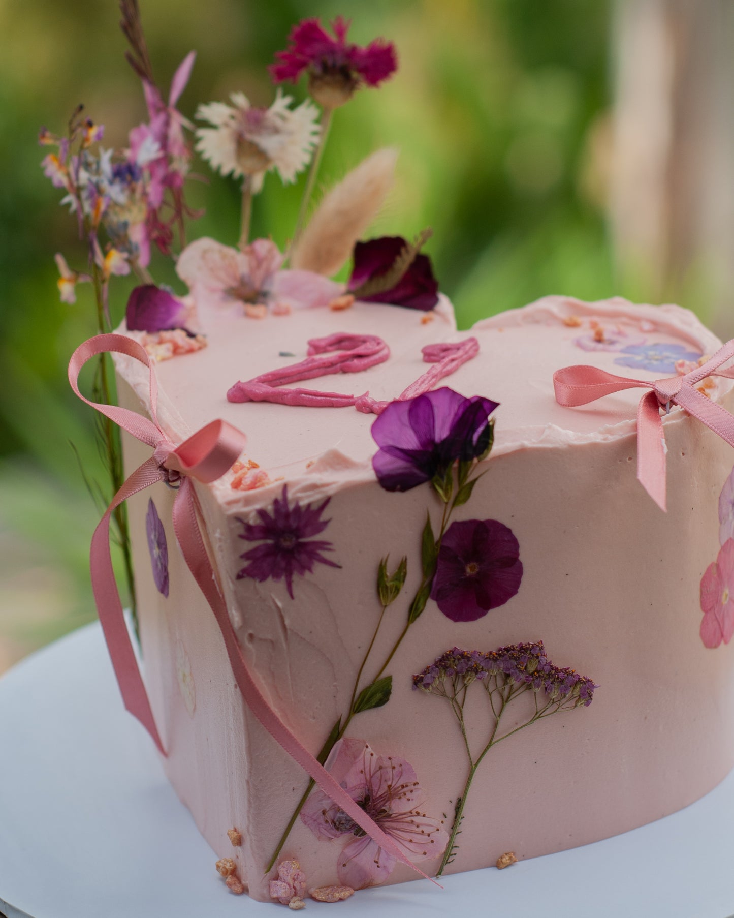 Heart-Shaped Pressed Flower Cake | Custom Buttercream Birthday & Celebration Cake Brisbane