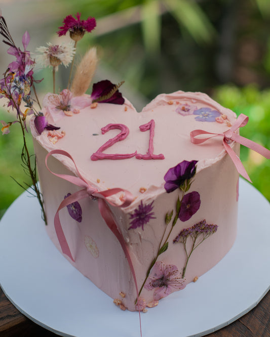 Heart-Shaped Pressed Flower Cake | Custom Buttercream Birthday & Celebration Cake Brisbane
