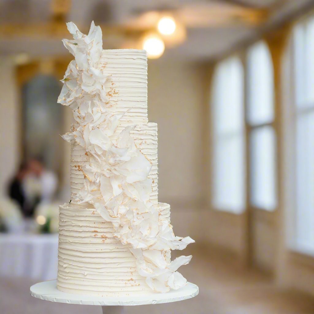 Three-tier wedding cake featuring a textured buttercream finish and cascading wafer paper ruffles, crafted for an elegant Brisbane wedding by Caldera.CAKING.